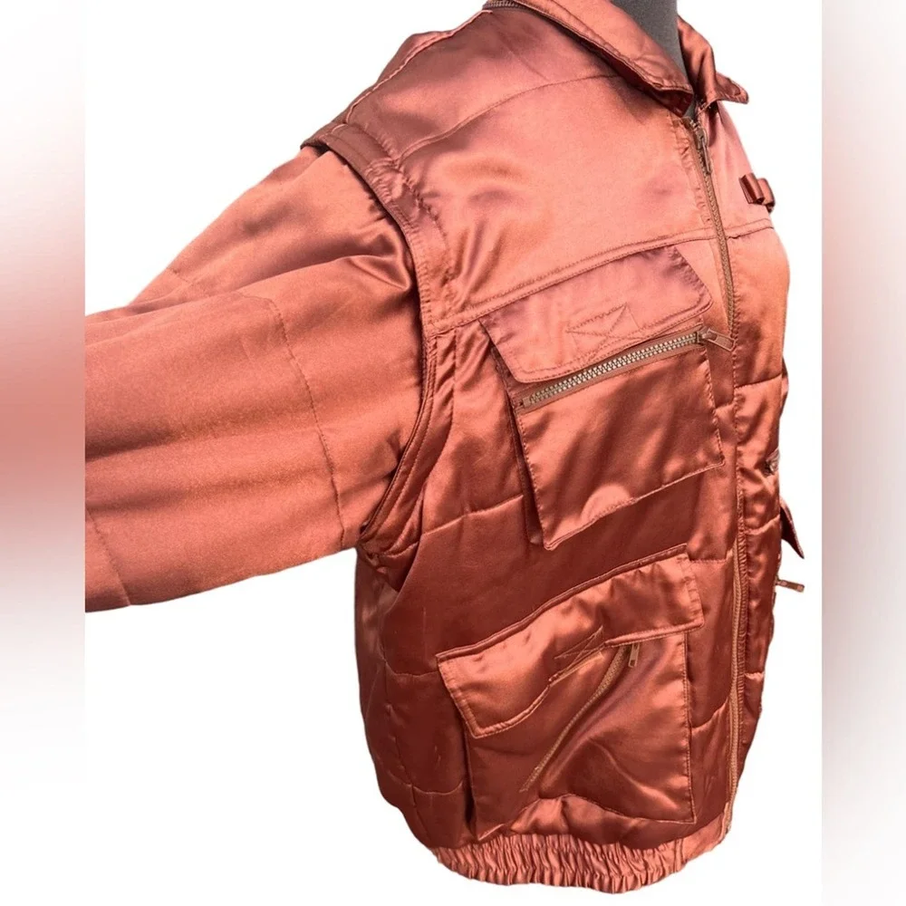 VINTAGE  Metallic Orange Puffer coat vest combo Ski Jacket Streetwear Pockets - Picture 2 of 7